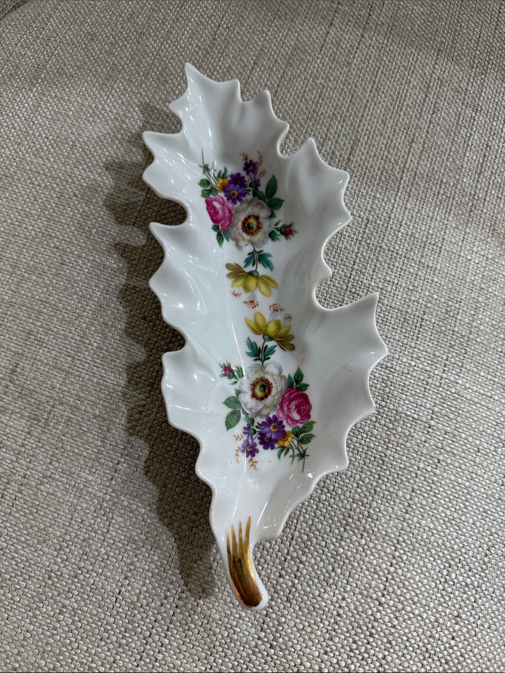 Old Nuremberg Bavarian Leaf-Shaped Porcelain Floral Trinket Dish
